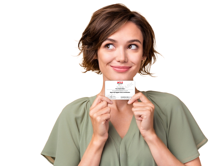Woman holding a BLS certification card from American Health Training