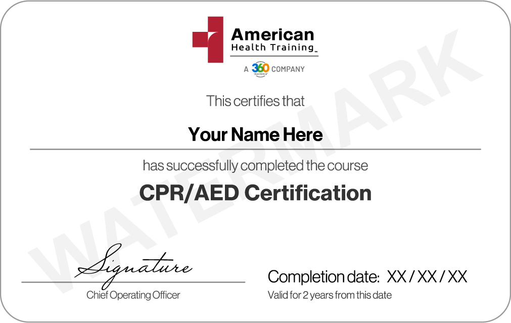 CPR/AED certification card sample from American Health Training