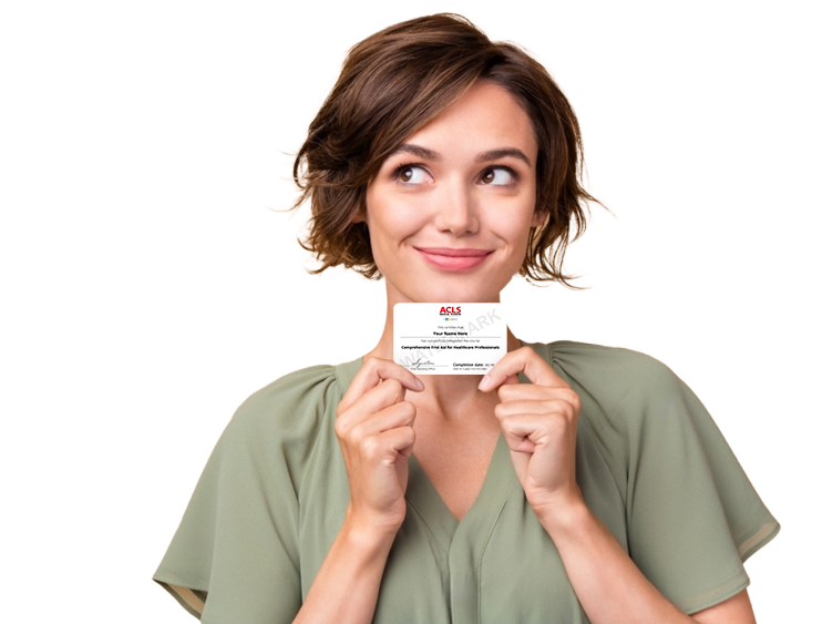 Woman holding a first aid certification card from American Health Training